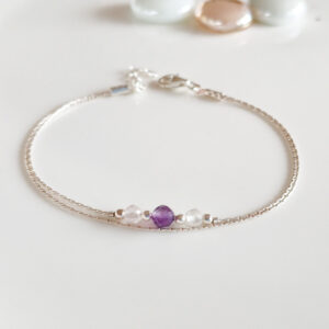 Clear rose quartz and amethyst silver bracelet